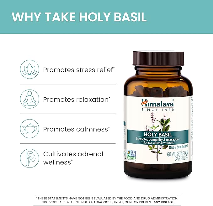 Himalaya Holy Basil Tulsi Herbal Supplement, Stress Relief, Relaxation, Occasional Sleeplessness, Promotes Calm, Ayurvedic, Non-GMO, Vegan, 720 mg, 60 Capsules, 2 Pack