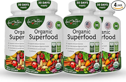 Organic Superfood Greens Fruits and Veggies Complex - Best Dietary Supplement with 14 Greens and 14 Fruits & Vegetables with Alfalfa & Antioxidant Organic Ingredients Non-GMO 240 Capsules