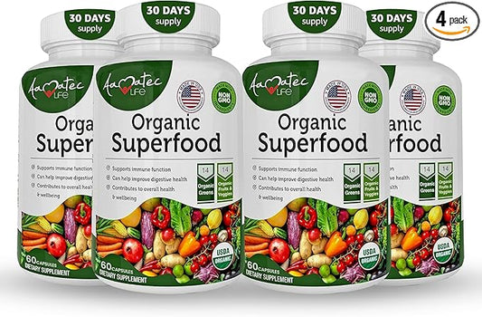 Organic Superfood Greens Fruits and Veggies Complex - Best Dietary Supplement with 14 Greens and 14 Fruits & Vegetables with Alfalfa & Antioxidant Organic Ingredients Non-GMO 240 Capsules