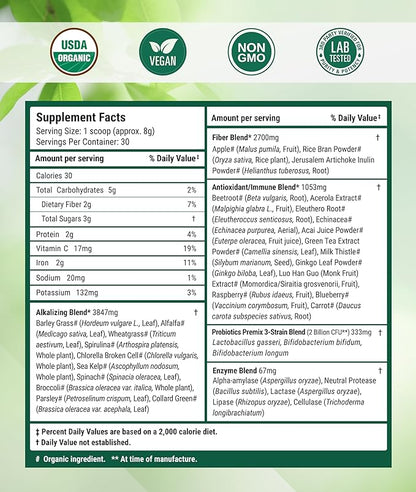 Super Greens Daily Greens Superfood Powder - Certified USDA Organic Green Powder w/20+ Whole Foods, Spirulina Powder, Wheat & Barley Grass - Probiotics, Fiber & Enzymes - Original Flavour, 30 Servings