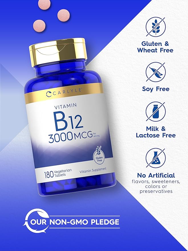 Carlyle B12 Vitamin 3000 mcg | 180 Tablets | Vegetarian Supplement | Non-GMO & Gluten Free