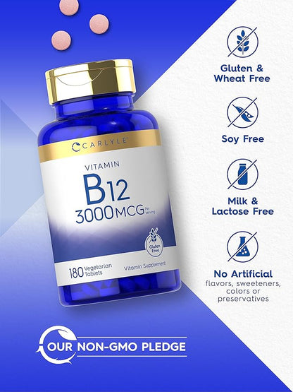 Carlyle B12 Vitamin 3000 mcg | 180 Tablets | Vegetarian Supplement | Non-GMO & Gluten Free