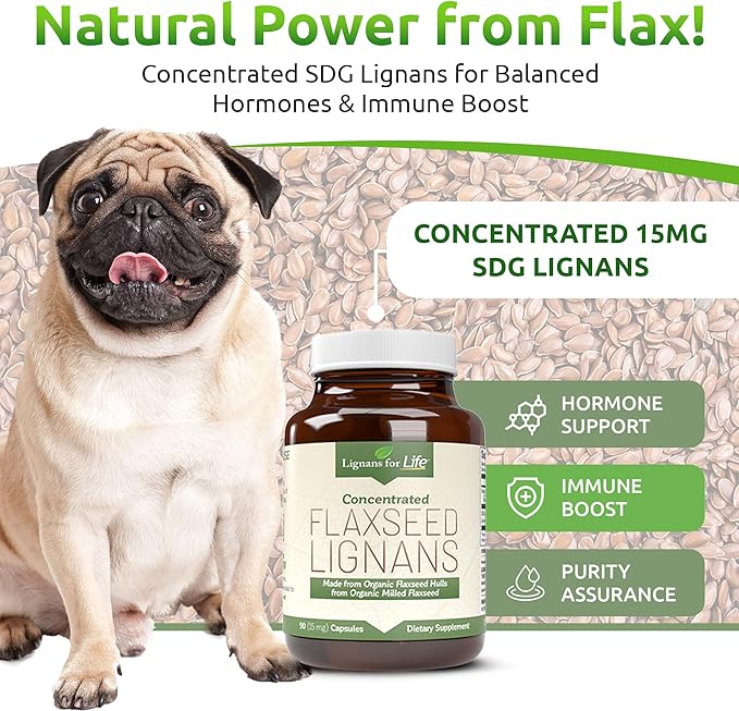 Lignans For Life Flaxseed Lignans for Dogs & People - Organic Flaxseed Supplement for Hormone Support, 15mg 90 Capsules, Flax Seed for Dogs & Women, High-Fiber