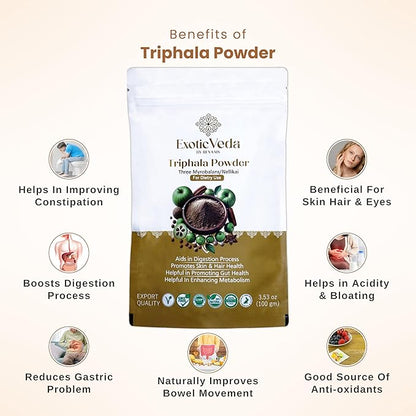 Organic Triphala Powder - Detox Cleanse for Lung, Liver, Colon, and Gut Health - Herbal Skin Care and Fiber Powder - Detox Ghrita and Triphala Organic India - 100g