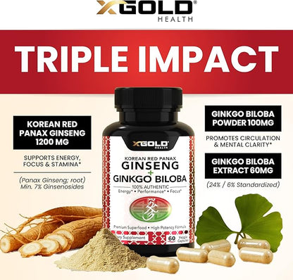 Korean Red Panax Ginseng 1200mg + Ginkgo Biloba - Extra Strength Root Extract Powder Supplement w/High Ginsenosides Vegan Capsules for Energy, Performance & Focus - Supplement for Men & Women