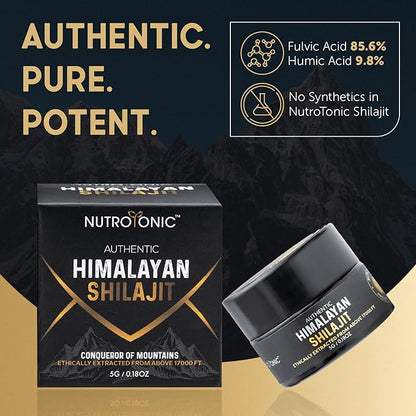 NutroTonic® Authentic Himalayan SHILAJIT® for Men & Women | Wild Crafted +17000 FT | 40X Nanofiltered & Sun Dried | Brain, Heart, Cellular Health | 3rd Paty Lab Tested | Fulvic & Humic Acid | 5G Resin