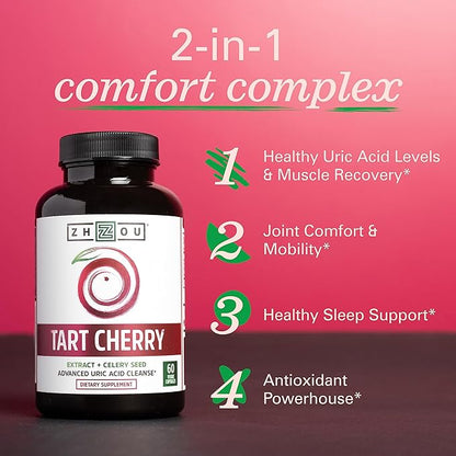 Zhou Tart Cherry Extract + Celery Seed - Tart Cherry Capsules for Men & Women, Tart Cherry Concentrate Pills for Sleep & Uric Acid Cleanse, 1000mg Per Pill - 60 Veggie Capsules (Pack of 1)