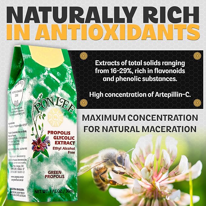 Pon Lee Brazilian Green Bee Propolis Extract 100% Organic, No Alcohol – High Artepillin-C Concentration, Natural Immune Support & Antioxidant, 30ML (3 Pack)