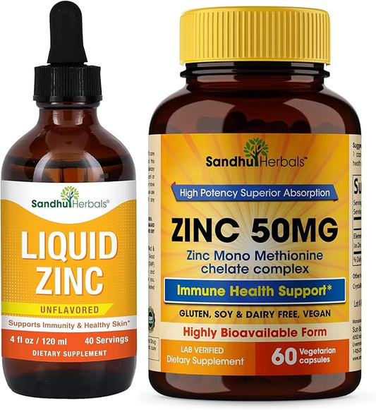 Sandhu Herbals Liquid Zinc Drops 4 Oz & Zinc Capsules 60 Count Supplement | Supports Immune and Skin Health| Made in USA