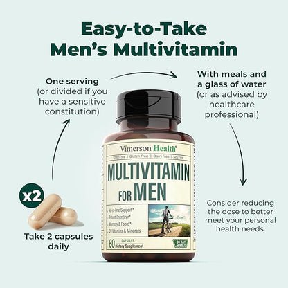 Multivitamin for Men - Daily Mens Multivitamins & Multiminerals with Vitamin D, Vitamin C, B12 Zinc & More. Essential Vitamins for Men for Energy, Focus, Stamina, Performance, Mens Health. 60 Capsules