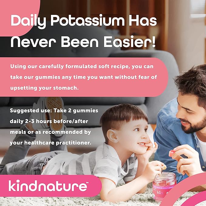 Kind Nature High Potassium Supplement Gummies 500mg - Chewable for Adults & Kids - Pure Potassium Bicarbonate Mineral Supplement - Vegan, Gluten Free, Non GMO - 60 Gummies (30 Day Supply)