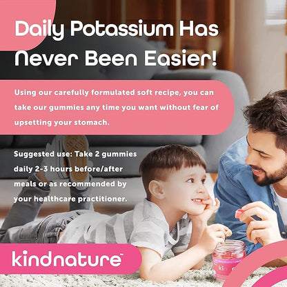 Kind Nature High Potassium Supplement Gummies 500mg - Chewable for Adults & Kids - Pure Potassium Bicarbonate Mineral Supplement - Vegan, Gluten Free, Non GMO - 60 Gummies (30 Day Supply)