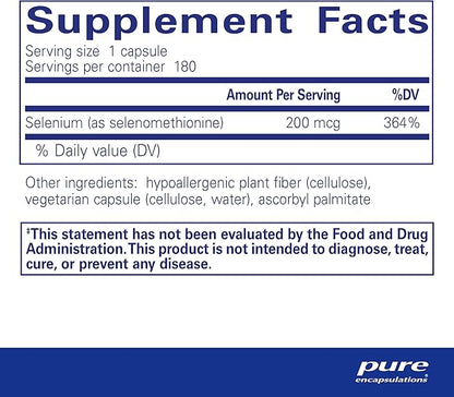 Pure Encapsulations Selenium - 200 mcg - for Healthy Cellular Function, Immune System & Antioxidant Defenses - Mineral Supplement - Vegan & Gluten Free - 180 Capsules