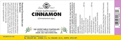 SOLGAR Cinnamon - 100 Vegetable Capsules - Full Potency (FP) - Non-GMO, Vegan, Gluten Free, Dairy Free, Kosher - 100 Servings