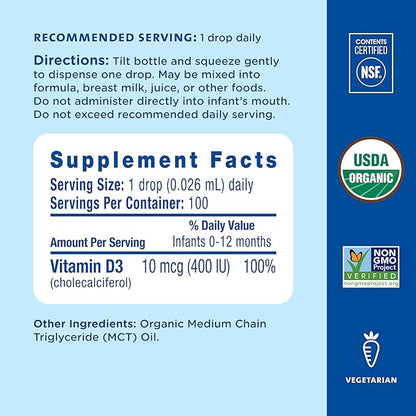Mommy's Bliss Organic Baby Vitamin D Drops | Promotes Healthy Growth and Bone Development | Age Newborn+ | 0.11 Fl Oz (100 Servings)