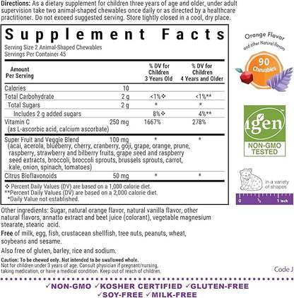 Bluebonnet Nutrition Rainforest Animalz Vitamin C Animal Shape Chewable Tablets, 250mg of Vitamin C, Soy-Free, Gluten-Free, Kosher Certified, Dairy-Free, Vegan, 90 Tablets, 45 Servings, Orange Flavor