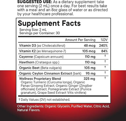 Cayenne Pepper Supplement Liquid Drops + Hawthorn Berry, Vitamin D3 K2 Beet Root Powder, Ceylon Cinnamon, Turmeric Curcumin, Organic Panax Ginseng - 2oz