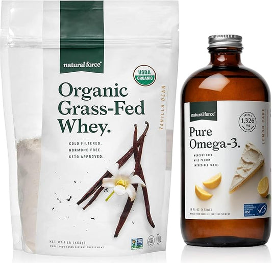 Natural Force Pure Omega 3 - Liquid Fish Oil Lemon Cake Flavor Grass Fed Organic Whey Protein Powder Vanilla Flavor