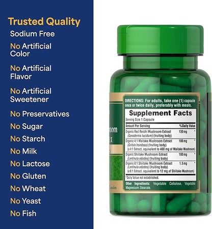 Puritan's Pride Triple Mushroom Complex, Reishi, Maitake & Shiitake Extracts, Organic Mushroom Extracts, 60 Vegetarian Capsules 2-Pack - 120 Capsules
