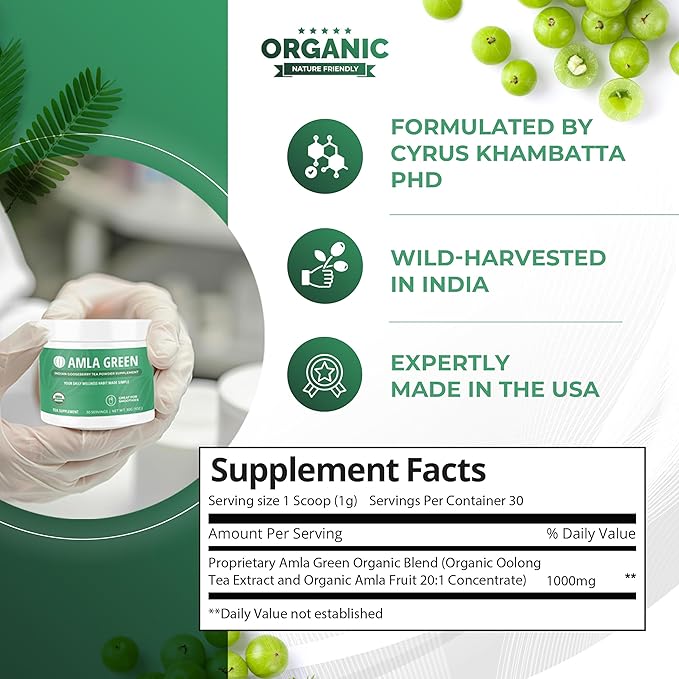 Amla Powder & Green Tea Superfood Supplement, 20x Ultra Concentrated Amla, Antioxidant Support, Made with Oolong Tea and Indian Gooseberries, Organic, Vegan, Classic Flavor, 30 Servings
