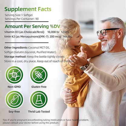 Vitamin D3 K2 Softgels, Vitamin D3 10000 IU with K2 (MK-7) 200 mcg with Coconut Oil Softgels, Supports Calcium Absorption, Bone, Immune and Heart Health - 90 Counts * 2 Packs