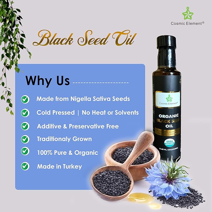 Cosmic Element Cold Pressed Black Seed Oil Organic - Omega 3 6 9 | Vegan Nigella Sativa Organic Black Cumin Seed Oil - Antioxidant for Immune Support, Joints, Digestion, Hair & Skin | 8.4 Fl Oz