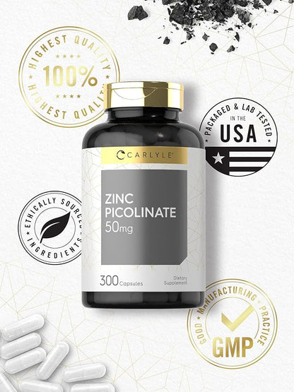 Carlyle Zinc Picolinate 50mg | 300 Capsules | Non-GMO and Gluten Free Supplement