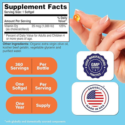 Health Thru Nutrition Vitamin D3 1,000iu 360 Mini Softgels for Maximum Benefit | 25mcg Cholecalciferol | 3rd Party Tested | Non-GMO USP Grade in Organic EVOO | Immune Health Support