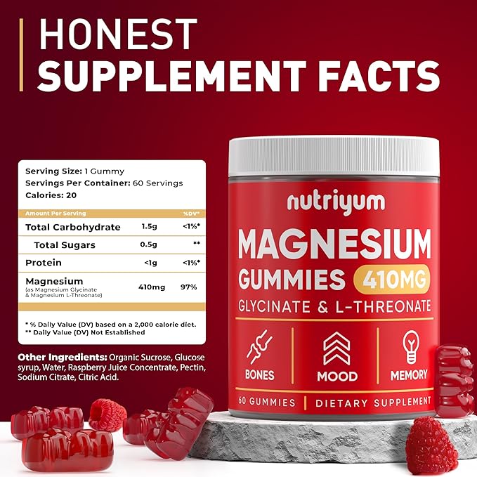 Magnesium Glycinate Gummies for Adults & Kids - 410mg Elemental Magnesium L-Threonate Chewables for Bones & Memory Support, Calm Mood - 2 Month Supply Magnesium Gummies Supplement Complex - 60 pcs