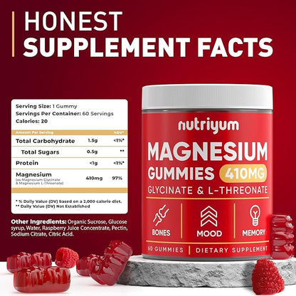 Magnesium Glycinate Gummies for Adults & Kids - 410mg Elemental Magnesium L-Threonate Chewables for Bones & Memory Support, Calm Mood - 2 Month Supply Magnesium Gummies Supplement Complex - 60 pcs