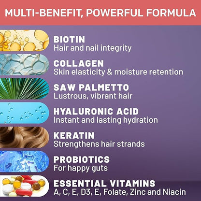 27-in-1 Hair Skin and Nails Vitamins (6810mg) with Biotin 10000mcg - Collagen Supplements for Men and Women - Keratin Supplements with Probiotics and Saw Palmetto, 90ct