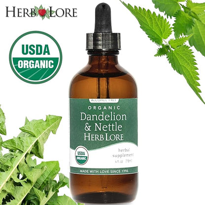 Herb Lore Organic Dandelion & Nettle Tincture - Liquid Dandelion Leaf & Stinging Nettle Leaf Extract Drops (4 fl oz)
