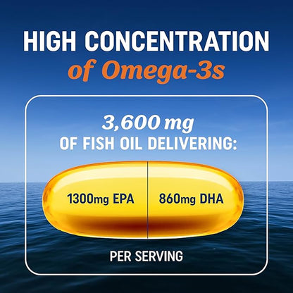 Triple Strength Omega 3 Fish Oil 3600 mg | EPA & DHA | Over 2100mg Omega-3 Fatty Acids | 1300mg EPA + 860mg DHA | Best Essential Fatty Acids | Premium Wild Caught & Burpless Fish Oil | 120 Ct