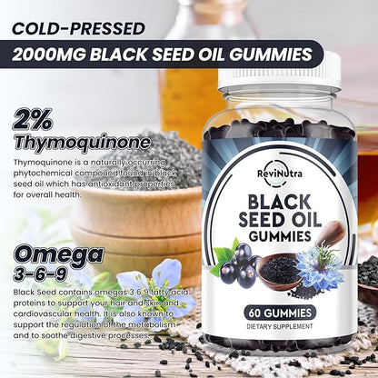 Black Seed Oil Gummies-Organic Cold Pressed Nigella Sativa Black Seed Oil with Honey, Vitamin B6, C, D3, Turmeric, Pomegranate, Support Immunity, Digestion, Brain Function, Hair & Skin-60 Gummies