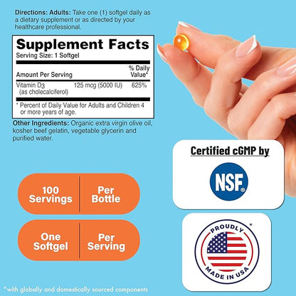 Health Thru Nutrition Vitamin D3 5,000iu 100 Mini Softgels for Maximum Benefit | 125mcg Cholecalciferol | 3rd Party Tested | Non-GMO USP Grade in Organic EVOO | Immune Health Support