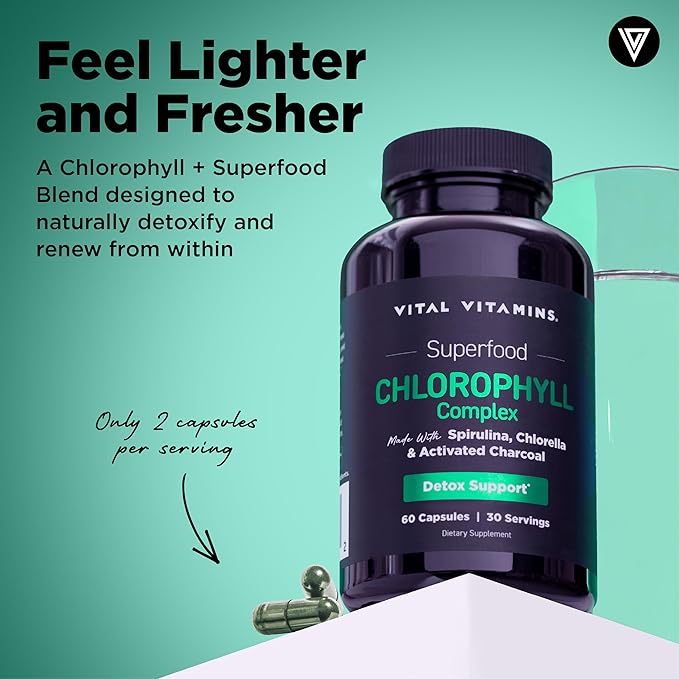 Vital Vitamins Chlorophyll Pills - Body Deodorizing Supplement - Made with Spirulina, Chlorella, Organic Parsley, Mint, & Activated Charcoal - Defeat Odor Naturally - for Women & Men - 60 Capsules