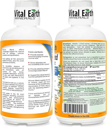 Vital Earth Minerals Fulvic Humic Mineral Blend Liquid – Fulvic Acid Supplement with 70+ Trace Minerals, Electrolytes for Recovery, Balance & Energy, 32 Oz + 1 Oz Cup