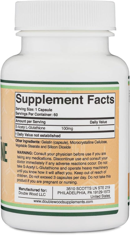 S-Acetyl L-Glutathione Capsules - 100mg, 60 Count (Acetylated Glutathione Antioxidant - More Absorbable Than Glutathione and Liposomal Glutathione, Non-GMO and Gluten Free) by Double Wood