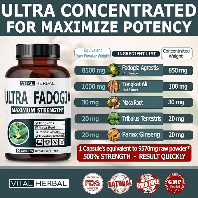 Fadogia Agrestis with Tongkat Ali Capsules for Maximum Strength with Ginseng Maca Root Tribulus - Boost Energy Muscle Buider (90 Count (Pack of 1))