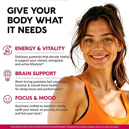 Vitamin B-Complex Gummies for Women & Men - Vitamin B12, B1, B2, B3, B5, B6, B7 & B9 - B Complex with Vitamin C & Choline - Energy, Brain & Mood - Natural Berry Flavor, Vegan - 60 Gummies for 2 Months