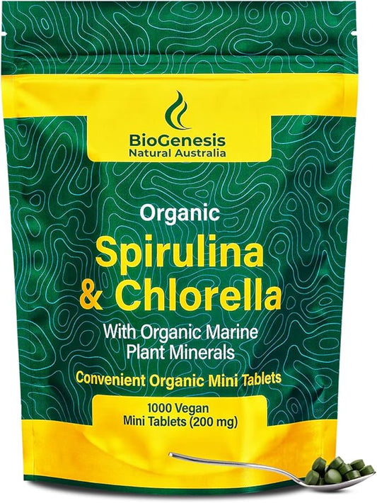 Organic Spirulina & Chlorella + Marine Plant Minerals, Australian | BioDynamic Cracked Cell Wall, Chlorophyll-Rich, Vitamins, Minerals |Vegan Tablets (200 mg) (1000)