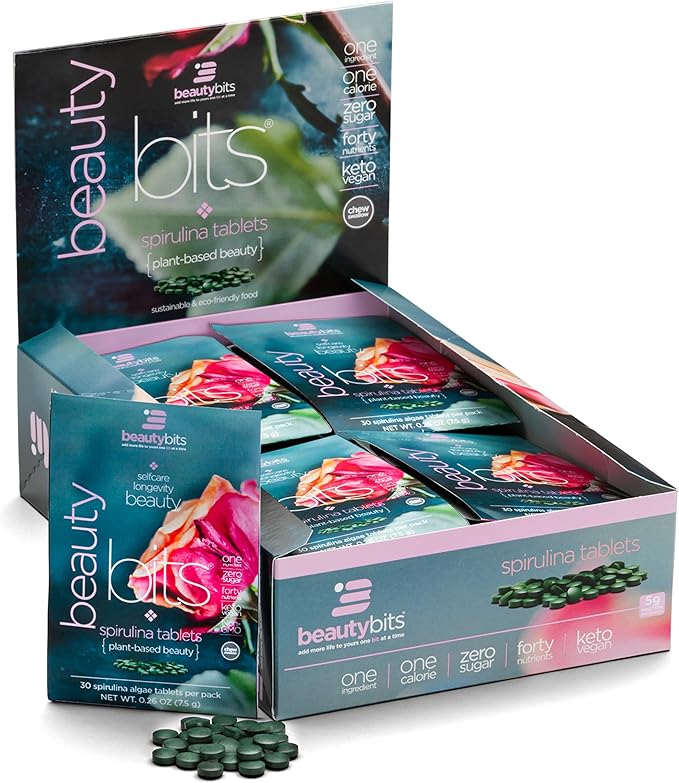 BEAUTYbits - Organic Spirulina Tablets - Algae Superfood - Collagen, Protein, Chlorophyll - Hair, Nails, & Skin Care - Vegan, Keto, Gluten Free - Self Care - Skincare Beauty - 30 Bags, 900 Tablets