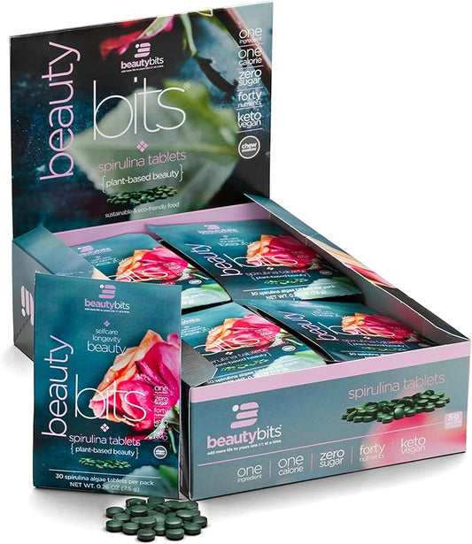 BEAUTYbits - Organic Spirulina Tablets - Algae Superfood - Collagen, Protein, Chlorophyll - Hair, Nails, & Skin Care - Vegan, Keto, Gluten Free - Self Care - Skincare Beauty - 30 Bags, 900 Tablets
