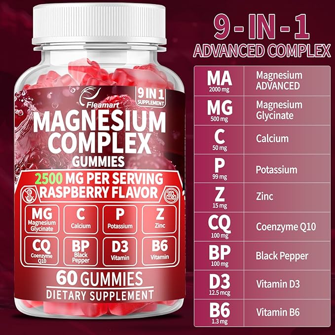 Magnesium Gummies 2000mg with Vitamin D3 & B6 Magnesium Complex Gummies Supplement for Brain & Sleep and Memory & Attention Made in USA 60 Counts Raspberry Flavor