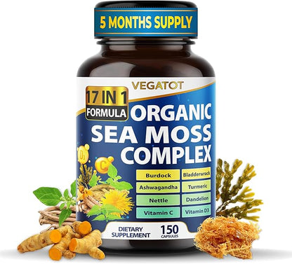 Organic Sea Moss with Bladderwrack, Burdock, Ashwagandha, and Turmeric - Immunity Booster for Healthy Aging, Skin & Joint Support- Made in The USA (150 Count (Pack of 1))