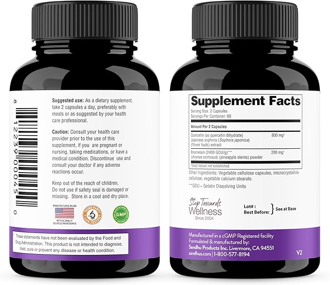 Sandhu's Quercetin with Bromelain 1000mg Per Serving 120 Count (Pack of 2) Vegetarian Capsules Bioflavonoids Supplement Complex Supports Immune & Respiratory Health