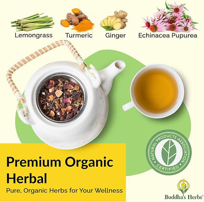 Buddha's Herbs Organic Echinacea Herbal Tea Supplement, Immune Support Supplement with Zinc, Turmeric, Ginger & Lemongrass (2 Pack, 44 Tea Bags)