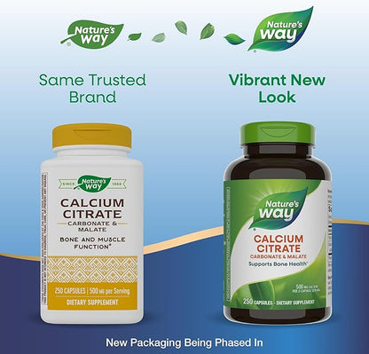 Nature's Way Calcium Citrate, 500 mg Calcium per 2-Capsule Serving, for Bone Health & Muscle Function*, Blend of Citrate, Carbonate & Malate, Gluten Free, 250 Capsules (Packaging May Vary)
