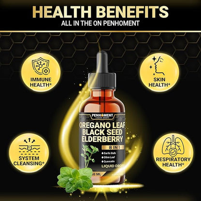 8in1 Oil of Oregano Drops with Black Seed Oil Liquid | Contains Carvacrol | Garlic, Elderberry, Olive Leaf, Quercetin, Bromelain - 2 Fl Oz