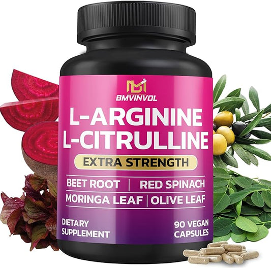 BMVINVOL L Arginine L Citrulline Supplement Plus Beet Root, Moringa, Olive, Red Spinach for Support Energy Levels - 90 Capsules